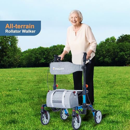 Lightweight Rollator Walker All-Terrain Ultra Compact One-Click Folding with seat and Adjustable Height backrest, 300 lbs Capacity, 8" Wheels for Seniors, Adults, bariatric, Includes Cane Holders