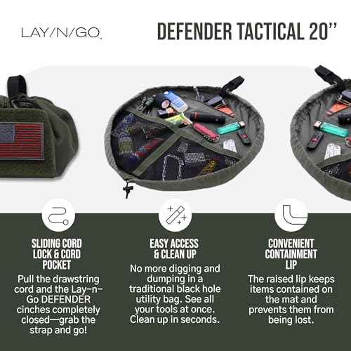 Lay-n-Go Defender Tactical Bag for Gear - Multifunctional Lay-Flat Military Tactical Travel Sack w/Zippered & Mesh Pockets - Water-Resistant, Machine-Washable Utility Tool Bag (20", Green)