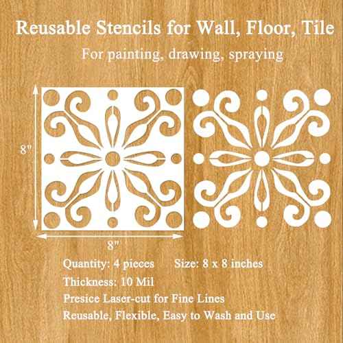4PCS Reusable Mexican Talavera Pattern Stencils 8x8 Inches for Floors, Walls, Tiles, Concrete, Fabric, Wood & Furniture
