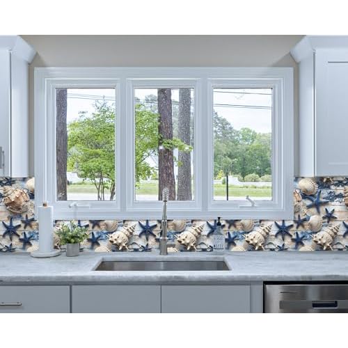 FLFK Peel and Stick Wallpaper, 16in x 64in, Starfish Seashell Wall Mural for Kids Room Decor, Stain Resistant, Blue