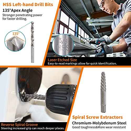 REBRA Screw Extractor and Left-Hand Drill Bit Set, Easy Out Broken Bolt Remover Reverse Cobalt HSS Steel Drill Kit, Ez Out Stripped, Rounded-Off, Damaged Bolts, Screws&Studs Removal Tool (26-Pieces)