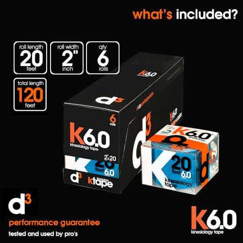 d3 K6.0 Kinesiology Tape - 2in x 20ft Electric Blue (6 Rolls) Latex-Free Hypoallergenic Joint Muscle Sports Medical Injury Support