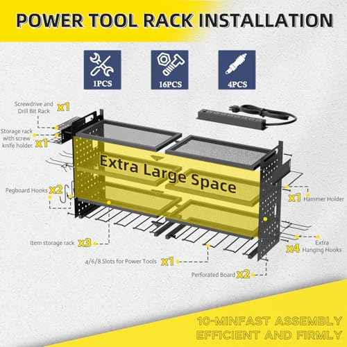 Power Tool Organizer Wall Mount with Charging Station, 4 Layers 4 Drill Holder, Heavy Duty Storage Utility Racks, Supports 600 lbs,Battery Shelf for Garage and Workbench (16 Inch 4 Drills Holder)