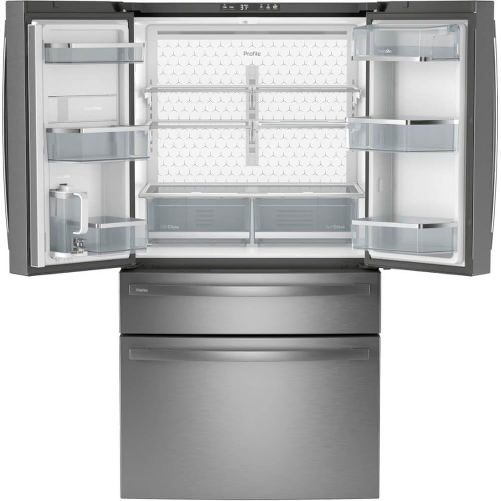 GE Profile 28.7 cu. ft. 4-Door French Door Refrigerator in Stainless Steel with Dual-Dispense Autofill Pitcher PGE29BYTFS