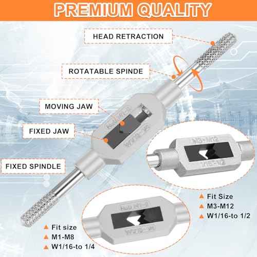 Metric Tap Set 19Pcs, Tap and Die Set, Hand Screw Thread Taps Set, Mini Metric Plug Tap Screw Tap Drill Tap Drill Set Tapping tool M1-M3.5 M4 M5 M6 M8 M10 M12 with 2 Adjustable Tap Wrench Tool