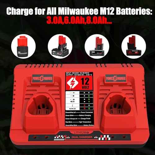 Powilling 12V 6500mAh Replacement for Milwaukee M12 Battery and Charger Kit for Milwaukee M 12 12Volt 48-11-2440 48-11-2411 48-11-2410 with 2-Port Dual 12V Charger