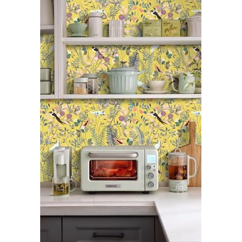 HAOKHOME Peel and Stick Wallpaper Yellow Botanical Bird Chinoiserie Vintage Wall Paper Self Adhesive Contact Paper for Accent Wall Shelf Liner 17.3in x 9.8ft