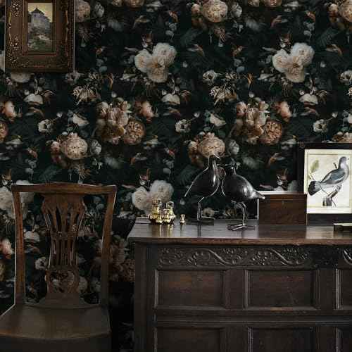 Floralplus Peel and Stick Wallpaper Removable Dark Floral Wallpaper 17.5 x 393 in Renter Friendly Wallpapers for Bedroom Accent Wall Black Floral Contact Paper Flower Wall Mural