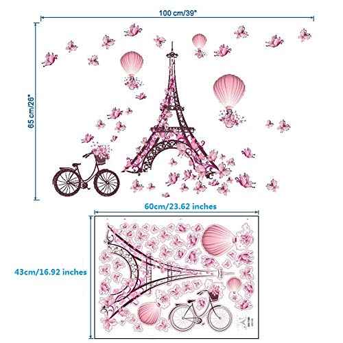 BIBITIME Romantic France Paris Eiffel Tower Wall Decals for Girls Room Flower Bike Butterflies Hot Air Balloon Vinyl Sticker Valentine's Day Wedding Couple Bedroom Home Art Mural DIY Peel and Stick