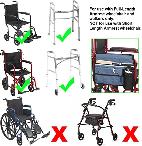 Wheelchair Storage Bag, Double-Sided Armrest Pouch with Cup Holder and Reflective Strip, for Wheelchairs and Walkers (Blue)