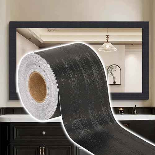 10M Black Mirror Border Wood Grain Wallpaper Border Removable PVC Peel and Stick Bathroom Mirror Frame Border Tape (Black, 3.1 Inch x 33FT)