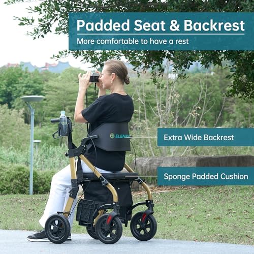 ELENKER All Terrain Rollator Walker Transport Wheelchair Combo, 2 in 1 Rolling Walker with Padded Seat and Wide Backrest, Champagne