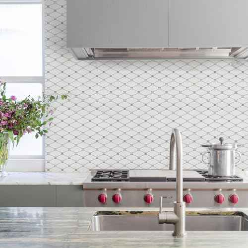 STICKGOO 10 Sheets Peel and Stick Backsplash, Pure White Marble Look PVC Mixed Metal Gold Kitchen Backsplash, Stick on Backsplash Wall Tiles for Kitchen, Bathroom, RV