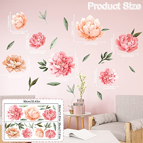 Peony Flowers Wall Decals, Watercolor Elegant Peonies Rose Floral Wall Stickers, FODIENS Pink Blossom Flower Wallpaper Art Applique for Living Room Bedroom Girls Room