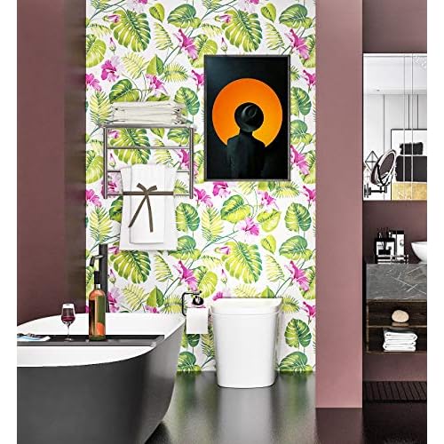 LACHEERY Tropical Palm Leaf Peel and Stick Wallpaper 17.7" x 6.8ft Removable White Green Pink Contact Paper Decorative Self Adhesive Floral Wallpaper for Bedroom Walls Shelf Drawer Liner Nightstand