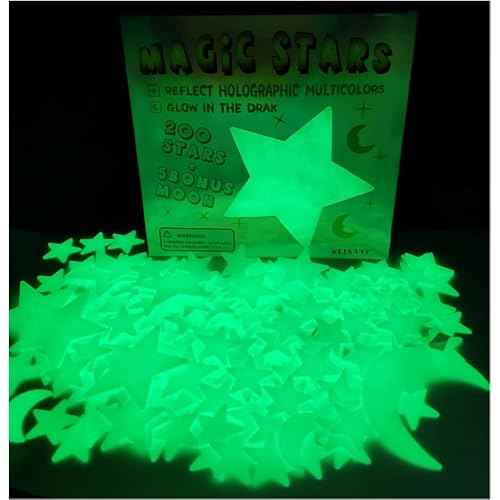 3D Magic Stars - Display Holographic Colors Under Light Source and Glow in The Dark After Absorb Light Source, Glow in The Dark Stars for Ceiling, Wall Stickers Decal