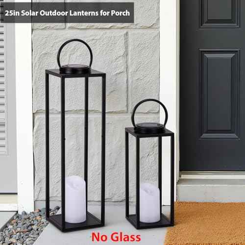 Large Solar Outdoor Lanterns, 25" 16" Tall Farmhouse Black Metal Waterproof Decorative Lanterns with Solar Candles for Front Porch, Patio, Christmas, Fall Decor- Set of 2
