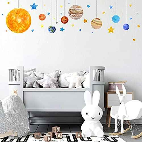Planets and Space Wall Decals, Removable Solar System Wall Stickers, Cartoon Stars Wall D?cor, Peel and Stick Universe DIY Art Murals Vinyl Wallpaper for Kids Boys Bedroom Nursery Decoration