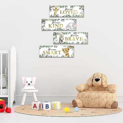 4 Pieces Kids Room Wall Decor Wooden Sign, 11.8" x 3.9" Jungle Animals Motivational Wall Art for Kids Room Nursery Playroom Classroom, You are Loved/Brave/Kind/Smart-A06