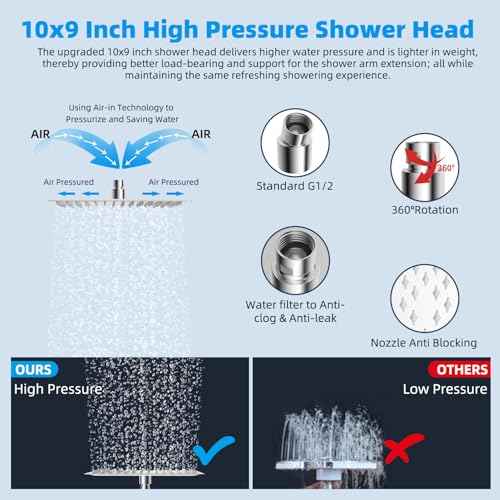 Hibbent All Metal 10'' Filtered Rainfall Shower Head Combo for Easy Reach, High Pressure Shower Head System, Handheld Showerhead, Adjustable Holder, 18'' Extension Arm, Shower Filter, 7-spray, Chrome