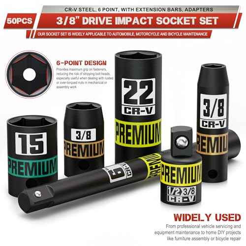 3/8" Drive Impact Socket Set, 50-Piece Standard SAE 5/16 to 3/4 inch and Metric 8-22mm, Cr-V Steel, 6 Point, with Extension Bars and Adapters,for Impact Wrenches, Automotive and Home