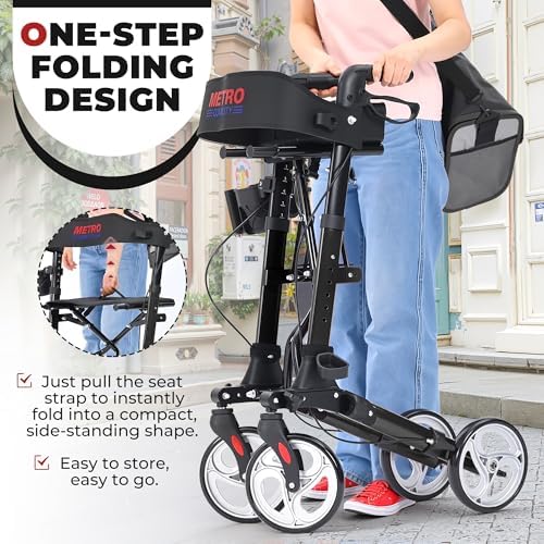 Metro Mobility Rollator Walker with Seat for Seniors, Foldable Lightweight Rolling Walker, 8" Big Wheels for All Terrain, 300 lb. Weight Capacity, Black