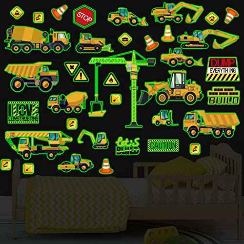 Glow in The Dark Construction Wall Decals, 39 Pcs Luminous Cartoon Wall Stickers Decals Glowing Self-Adhesive Truck Car Excavator Stickers for Ceiling Decor Nursery Bedroom Playroom Decor Boys Gifts