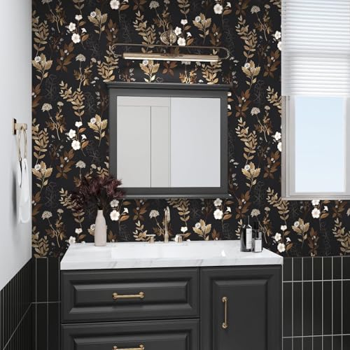 Black Floral Wallpaper Peel and Stick Gold Leaf Contact Paper Leaf Wallpaper Waterproof Self-Adhesive Wall Covering for Bedroom Countertop Desk Cabinets Decor 17.4" x 78"