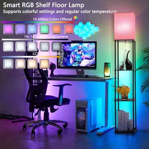 Floor Lamp with Shelves, with Modern Square Standing Lamp with Smart APP Control RGB Bulb, Corner Display Bookshelf Lamp for Living Room, Bedroom and Office (black-9RGB)