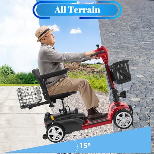 15-45 Miles Ecomobi MS02 4 Wheels Mobility Scooter for Adults/Seniors, 350W Powered Electric Wheelchair Device w/15Ah-25Ah Extended Battery, Dual Baskets/Rotating Seat, Compact Duty Mobile for Elderly