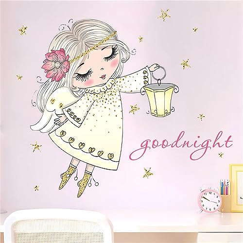 Cute Pink Little Angel Girl Wall Stickers, sacinora Cartoon Good Night Wall Decals Removable Vinyl Peel and Stick for Nursery Kids Baby Children's Room Living Room Bedroom Playroom Art Decorations