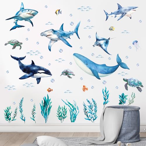 SHUCHING Removable Shark Wall Decals Peel and Stick, Vinyl Ocean Wall Sticker, Under The Sea Wall Decor Art for Nursery Playroom