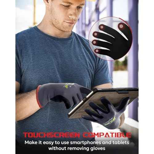 Work Gloves with Grip,12 Pairs Thin Breathable MicroFoam Nitrile Coated Durable Touchscreen Glove Men Women