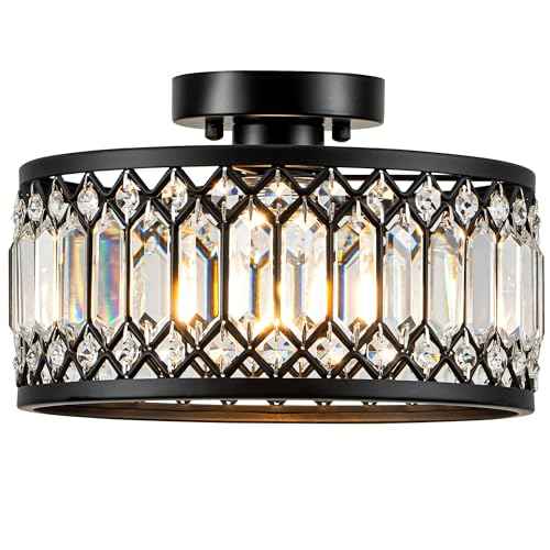 Crystal Black Ceiling Light, Modern Semi Flush Mount Ceiling Light Fixture, Round Small Chandelier for Hallway Entryway Bathroom Bedroom Laundry Room, 1-Light, 11.4 Inch