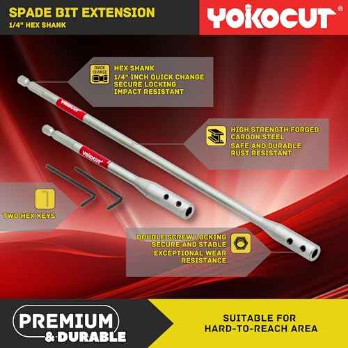 Drill Bit Extension Set, 6 and 12 Inches 1/4 Hex Shank Extension for Spade Bits, 2X Hex Key Included, Wood Spade Drill Bit Extension