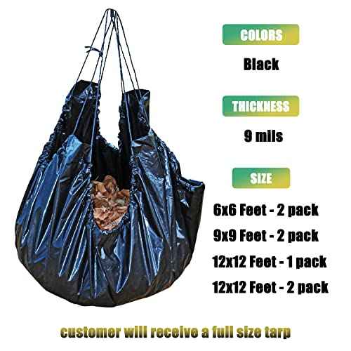 RAINDEWAY Drawstring Tarp 12x12 Feet (2pack), 9 mil Black Poly Yard With Drawstring, Reusable Leaf Lawn Garden Bag