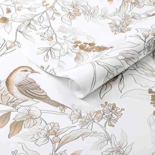 Hopepak Peel and Stick Wallpaper 17.3''x78.7'' Brown Floral Bird Wall Paper Self Adhesive Removable Contact Paper Waterproof Vinyl Roll for Bedroom Bathroom Decor