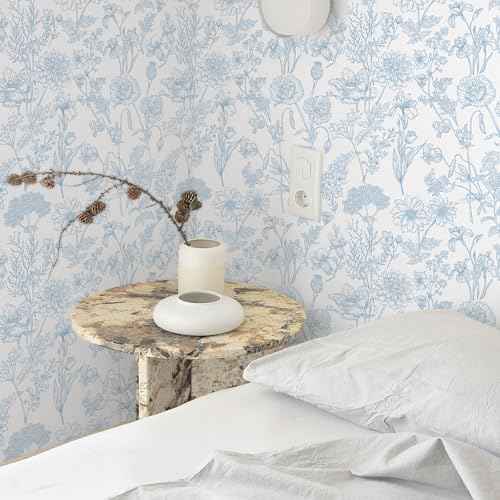 EeeComing Floral Peel and Sick Wallpaper Boho Contact Paper Modern White and Blue Peel and Stick Wall Paper Removable Self Adhesive Wallpaper for Bedroom Bathroom Cabinets Vinyl Roll 17.3¡±X118.1¡±