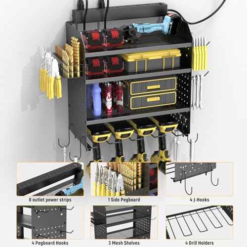Drill Holder Wall Mount with 8-Outlet Charging Station, 190lbs Load 4 Layers Carbon Steel Heavy Duty Power Tool Organizer Wall Mount for Garage & Workshop, 4 Drill Holders, Modular Pegboard Rack