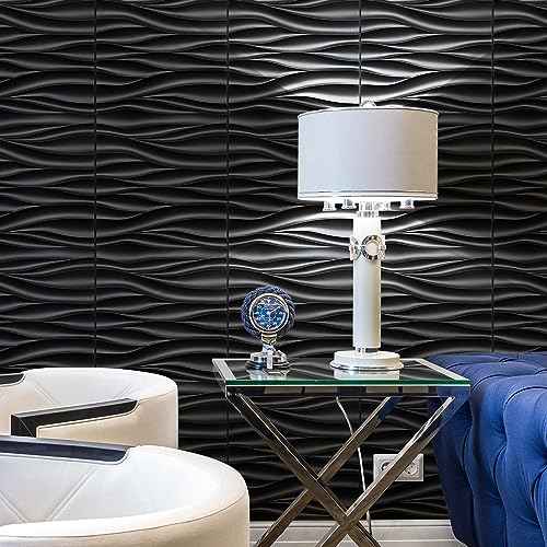 STICKGOO Black 3D Wall Panels, Wave Design Textured PVC Wall Panels, 19.7''x19.7'' Modern Accent Wall Panels for Interior Wall Decor Bedroom Office Living Room