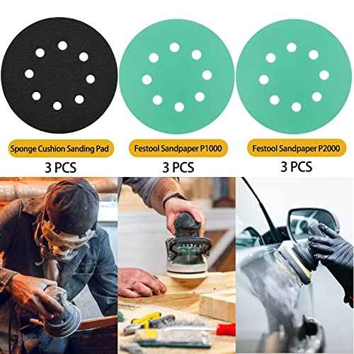 Foam Sanding Pads for Orbital Sander - 3PCS 5 Inch 8 Holes Interface Hook and Loop Surfprep Pad With 6PCS Festool Sandpapers