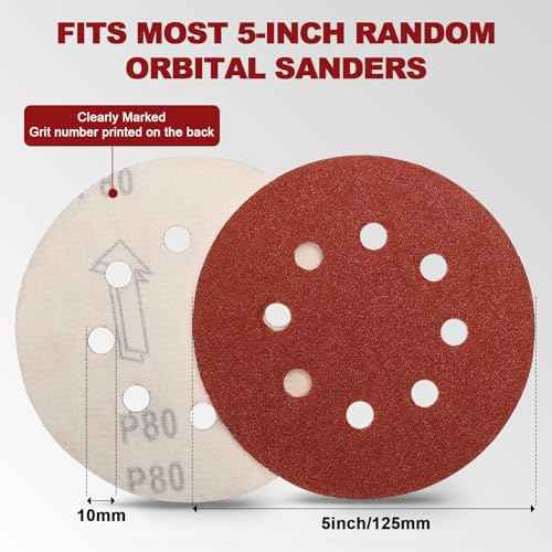 5 Inch Sanding Discs Hook and Loop, 70 PCS 8 Hole Adhesive Sandpaper, Including 40/60/80/120/180/240/320 Grit for Random Orbital Sander