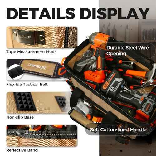 COMOWARE 16" Tool Bag, 19-Pocket Heavy Duty Tool Organizer with Adjustable 51.2" Shoulder Strap, 1680D Oxford Fabric & PVC Coating, Reflective Strips, Tactical Loops, Mechanics, Plumbers, DIY