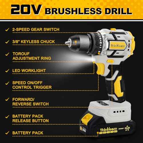 119 Pcs Cordless Drill Tool Kit Set; 20V Brushless Power Drill with 2.0Ah Battery, 10mm 3/8" Keyless Chuck, 60N.M & 21+1 Torque Setting Power Tool Set for DIY Garden House Office Repai