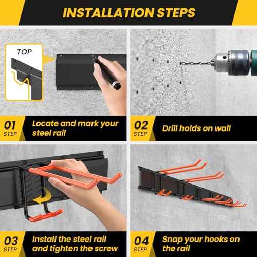 Garage Storage Organization Wall Mount, Garden Tool Organizer 48 Inches, Adjustable Heavy Duty Metal Hooks, Yard Tool Organizer Hold Up to 450lbs, Hanging Rake Broom Mop Snowboard (48 inch)