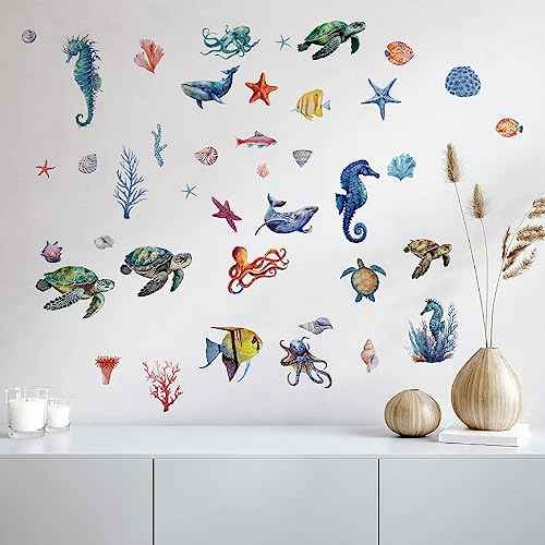 CRASPIRE 8 Sheets Sea Life Window Decals Stickers Ocean 3D Turtle Seahorse Starfish Coral Shell Summer Wall Clings Sticker PVC Self-Adhesive Peel and Stick for Bathroom Home Nursery Bedroom Bathroom