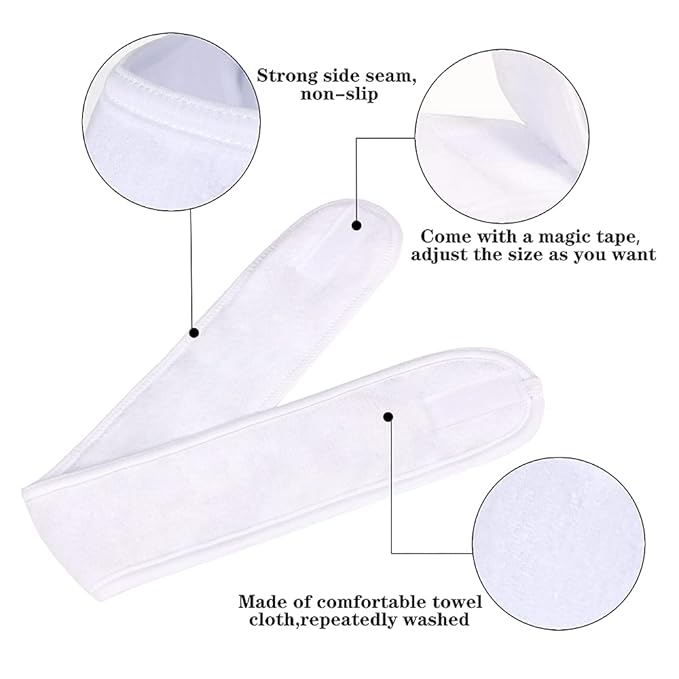Facial Spa Headbands 4 PCS, Makeup Shower Bath Wrap Sport Headband Terry Cloth Stretch Towel with Magic Tape (White)