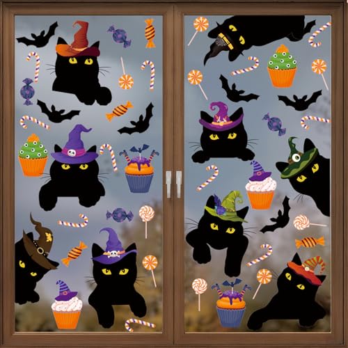 Halloween Window Decorations,Black Cat Halloween Window Clings,Pumpkin Black Cat Theme Wall Stickers,Haunted House Decor,All Hallows' Day Bat Candy Dessert Wall Decals for Home Room Kitchen