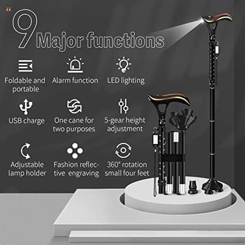 Folding Cane, Smart Alarm Foldable Cane with Light, Fashion Walking Cane for Women&Men, Adjustable Canes for Seniors, USB Direct Charging, Lightweight and Portable