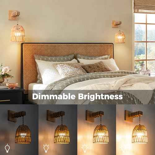 Wall Sconces Set of Two Battery Operated, Rattan Boho Wall Sconce, Rechargeable Woven Lantern Wireless Light/Lamp for Bedroom Home Decor